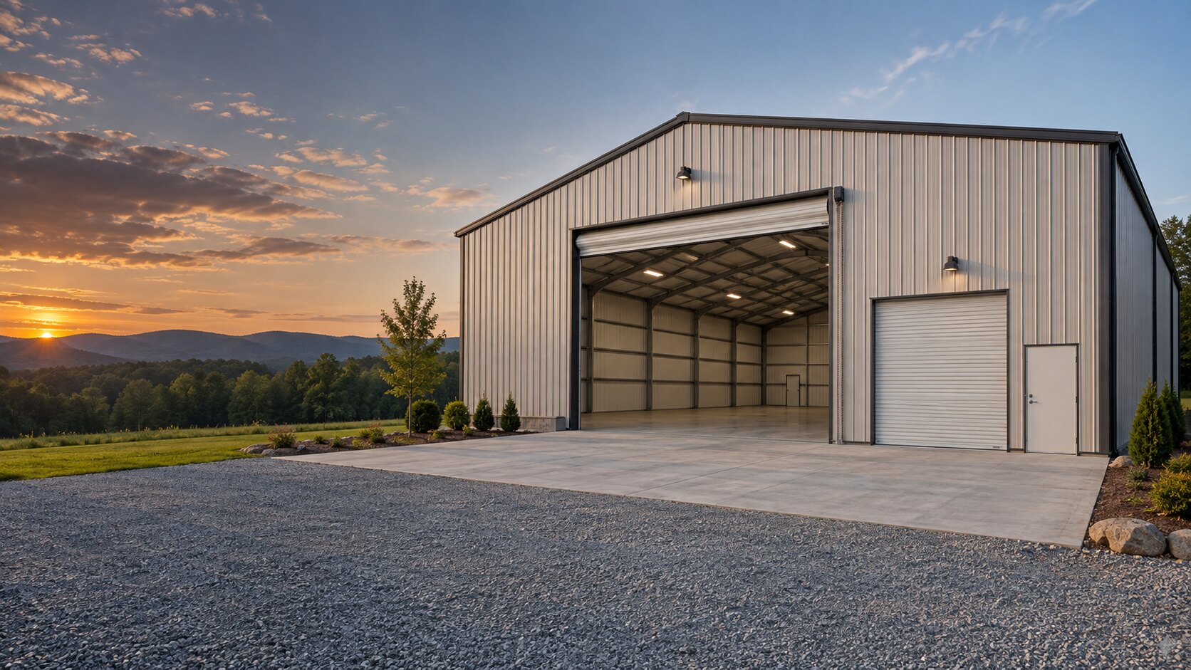 Large clear-span metal warehouse with tall roll-up doors and open interior
