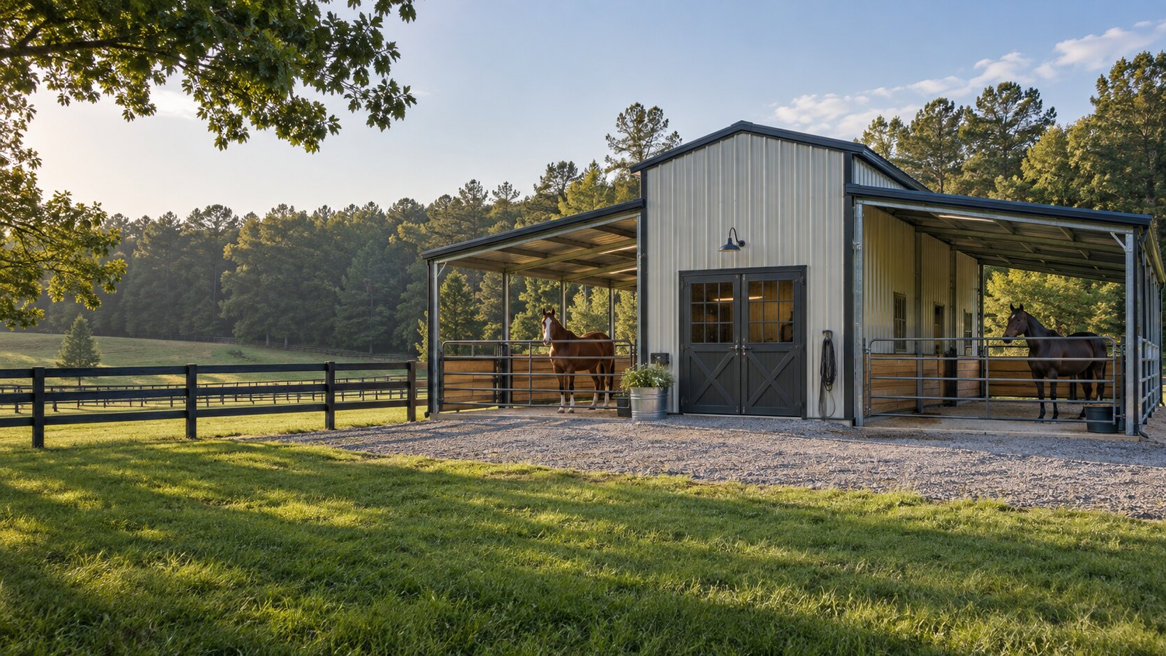 Tubular-steel horse barn with enclosed center section and covered side bays