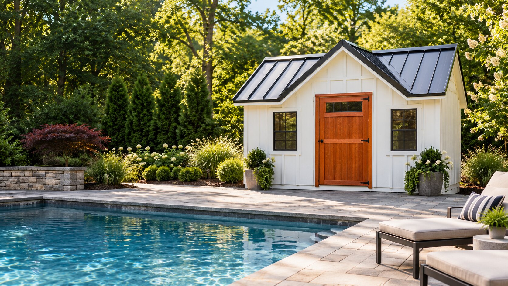 Pine View Cambridge-style building serving as a landscaped backyard pool house