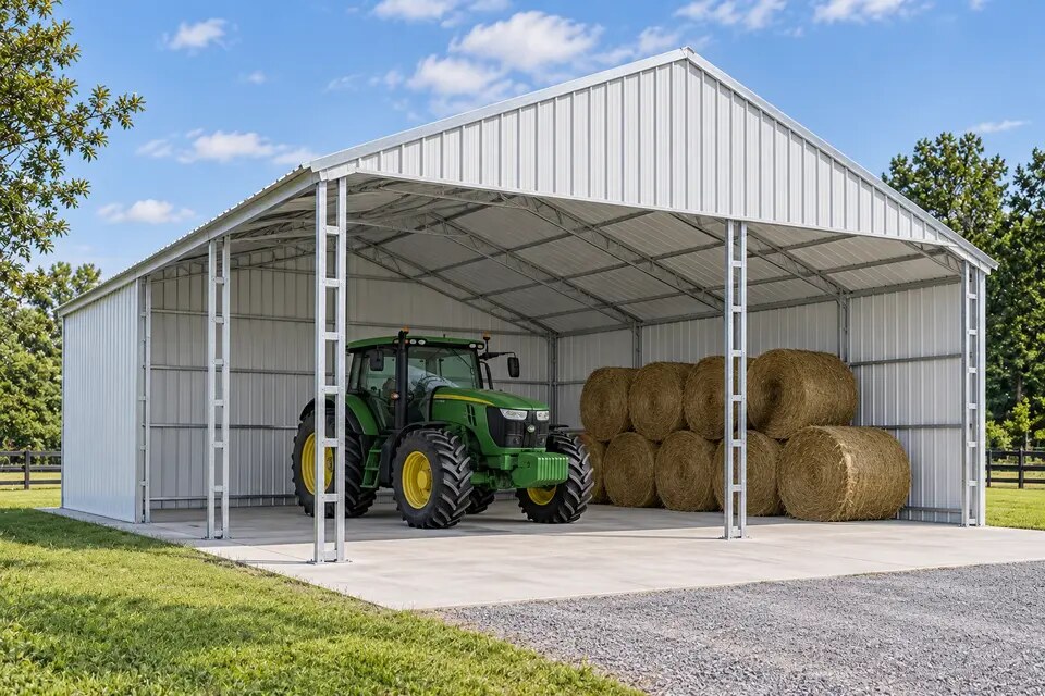 Open-front agricultural metal building with equipment bays