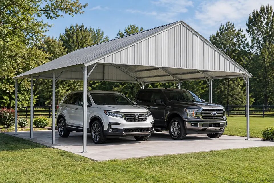 Two-vehicle metal carport built with tubular framing and a closed gable