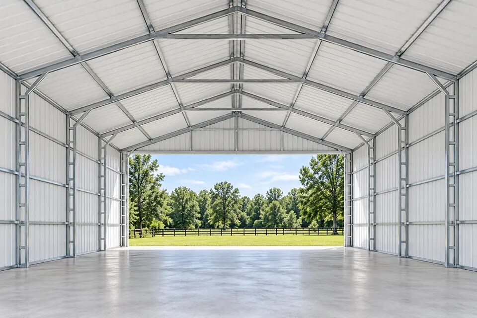 Wide clear-span metal building with tubular framing and unobstructed interior space