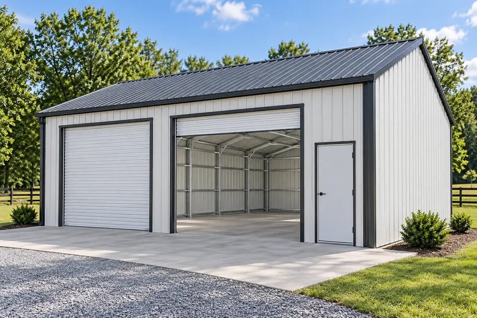 Enclosed tubular-steel metal garage with roll-up doors