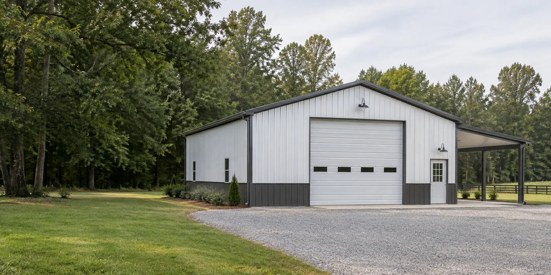 Large metal garage and workshop building