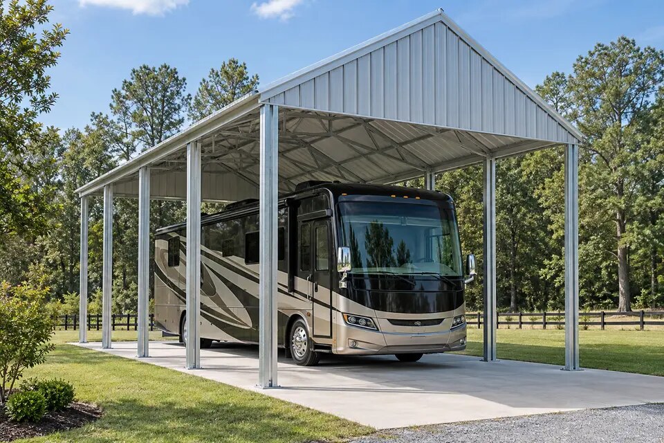 Tall tubular-steel RV cover on a prepared pad