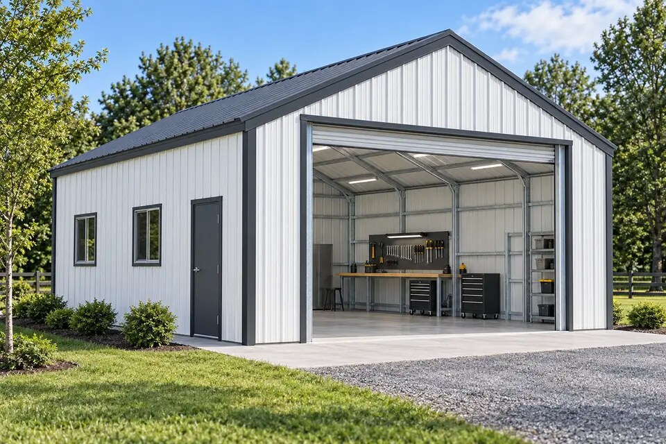 Enclosed metal workshop with an open overhead door