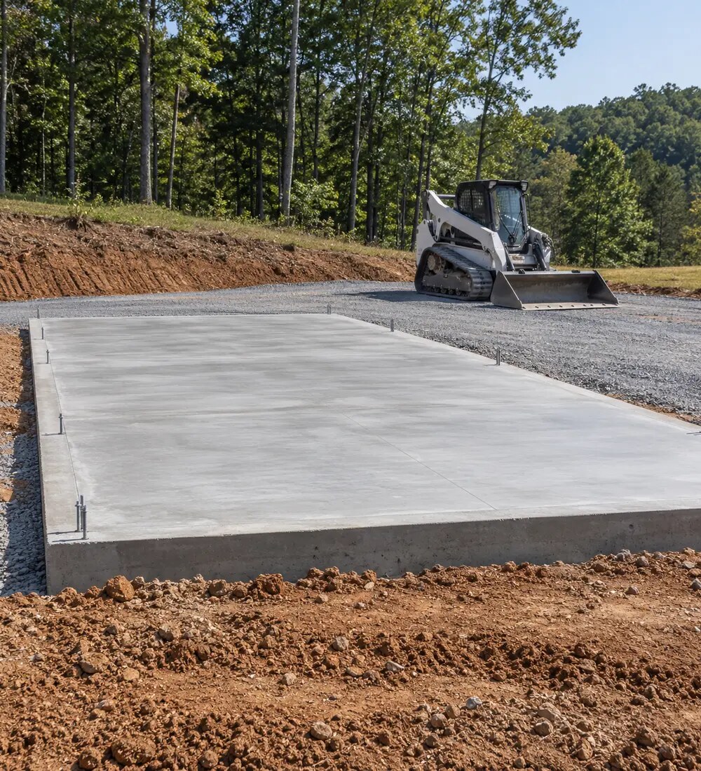Prepared gravel building site with a completed concrete slab and compact track loader